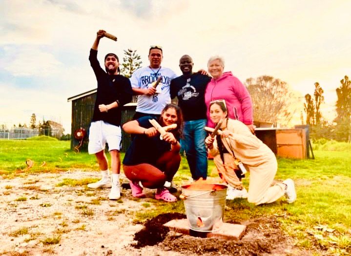 Team Slash for Cash making biochar. From left to right: Paul Te Kahu, Matene Maraki, Kyrah Dewes, Thabiso Mashaba, Pane Kawhia, HineAio Apatari.